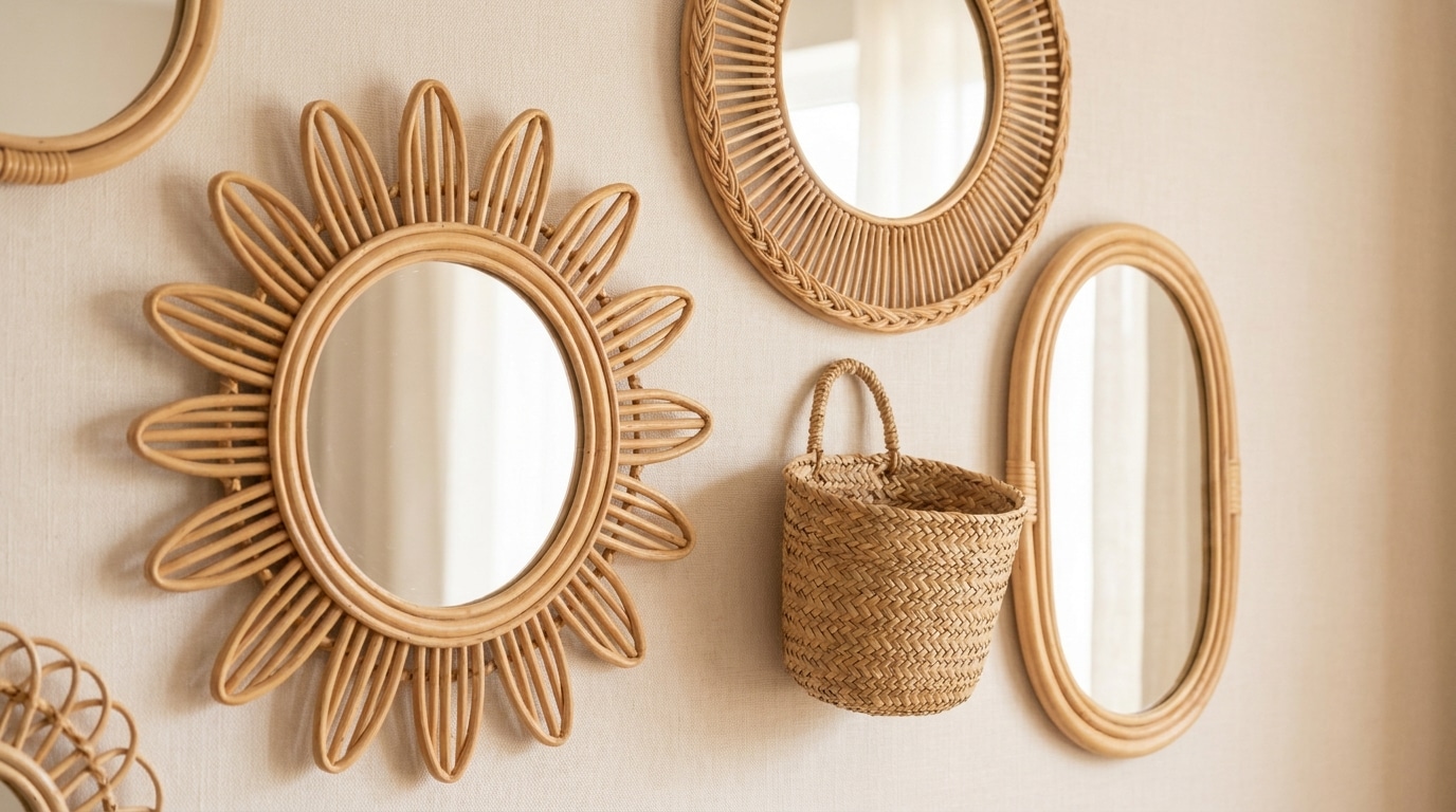Mur de miroirs en rotin de formes variées sur mur clair