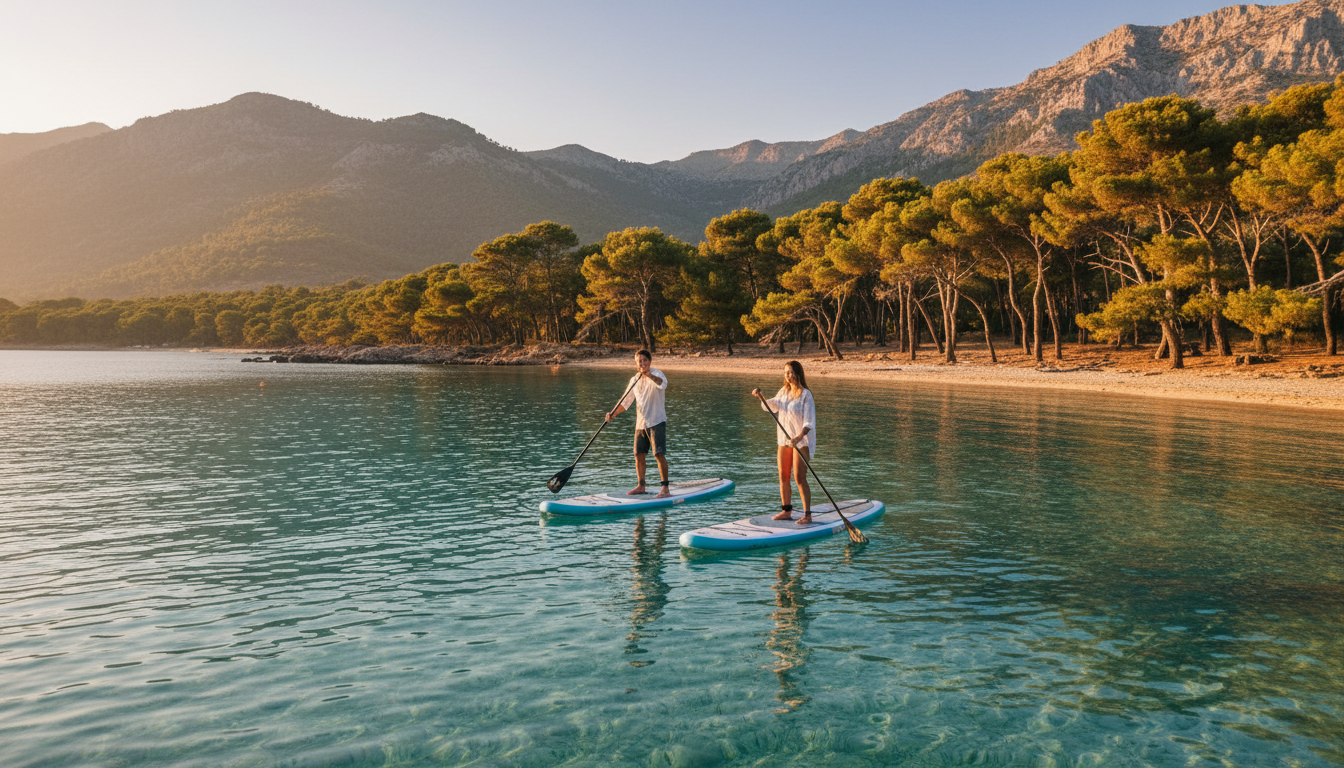 Couple faisant du paddle dans la baie turquoise de Santa Giulia