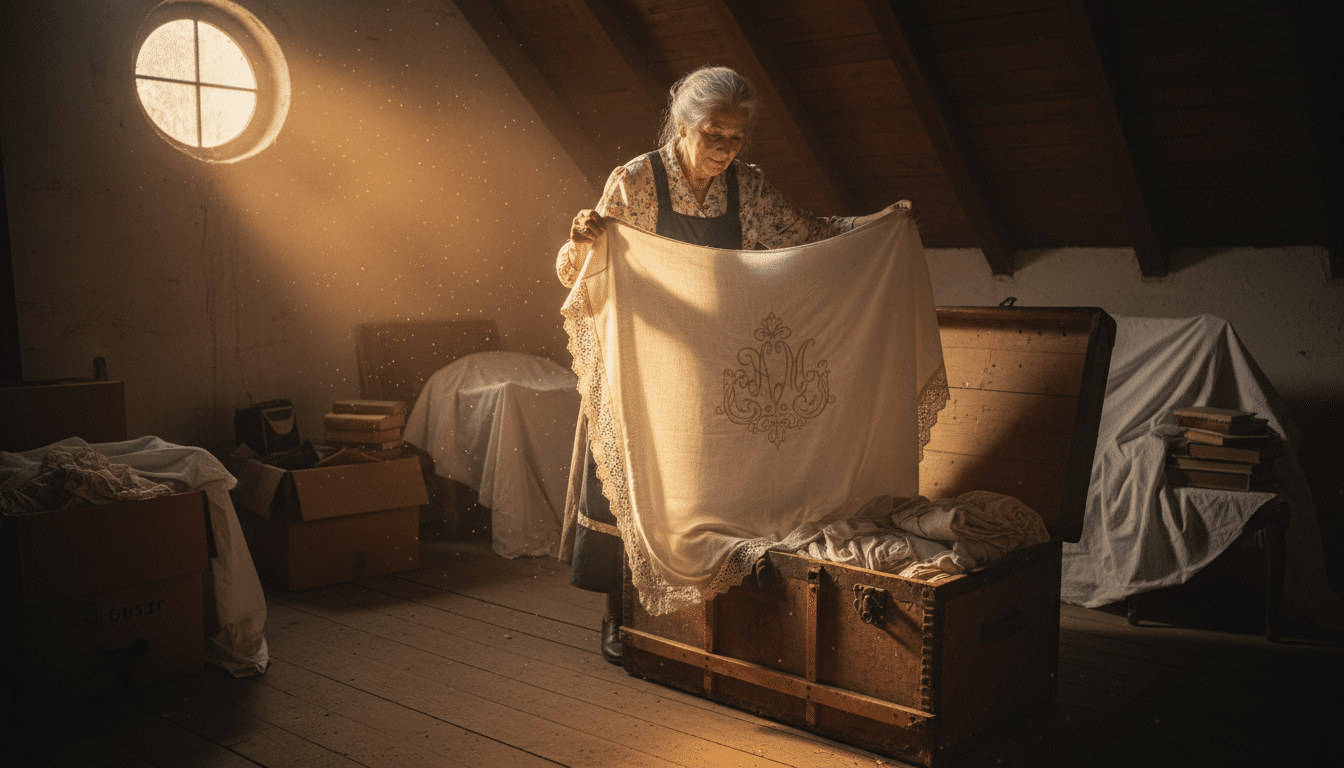 Vieux drap en lin sorti d'une malle au grenier