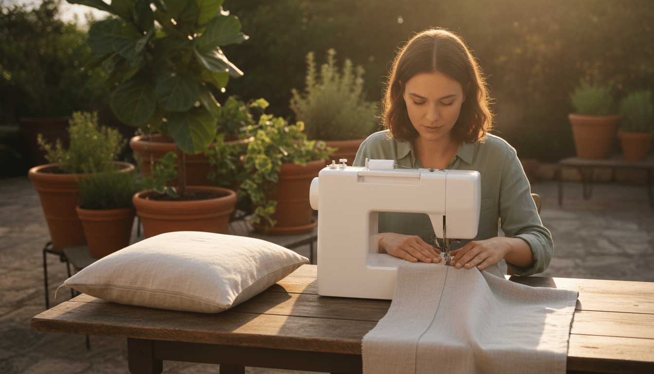 Couture d'une housse de coussin en lin sur la terrasse