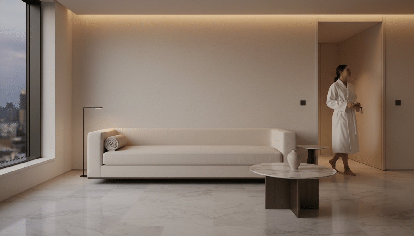Suite d'hôtel de luxe avec plaid roulé sur canapé minimaliste