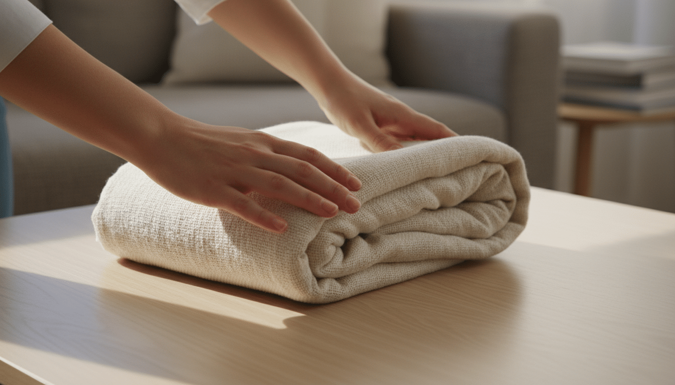 Mains roulant un plaid en lin pour décorer un canapé