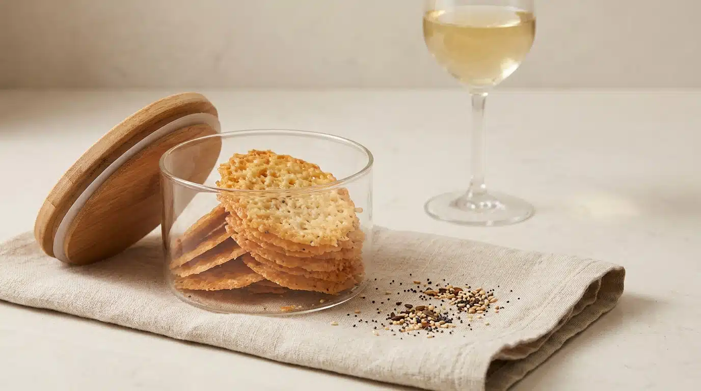 Boîte hermétique remplie de tuiles au fromage croustillantes