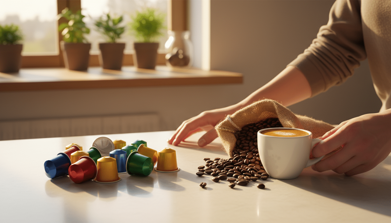 Capsules de café versus grains entiers et tasse d'expresso