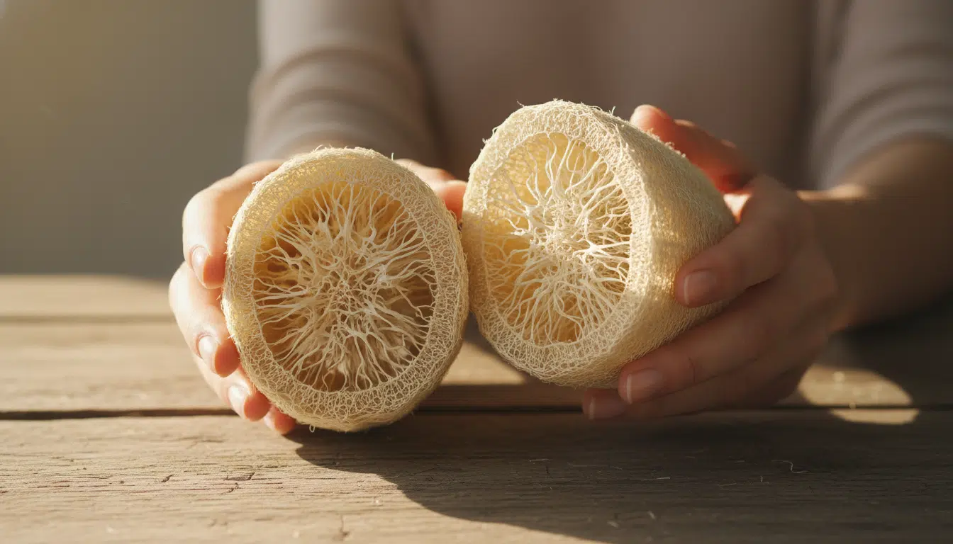 Courge luffa séchée révélant l'éponge végétale à l'intérieur