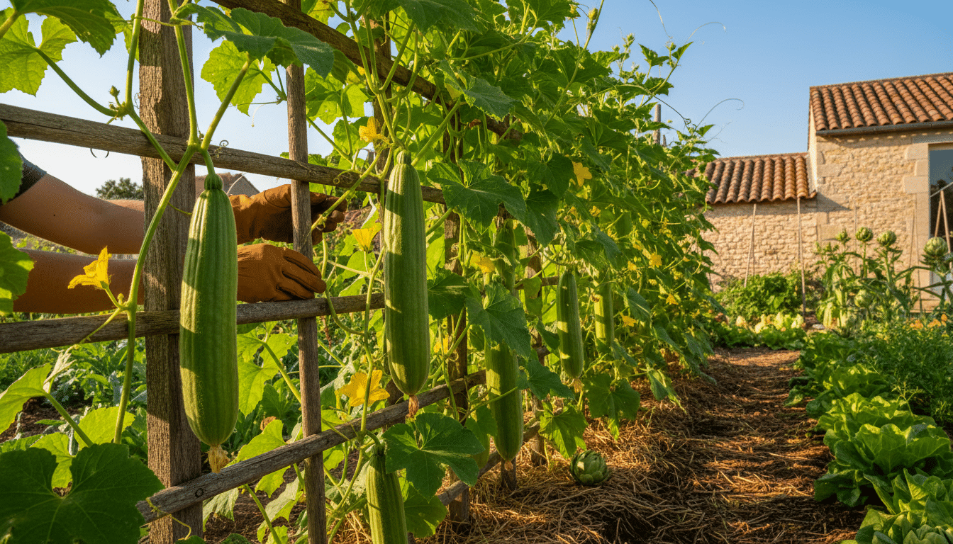 Plant de luffa grimpant sur un treillis dans un potager ensoleillé
