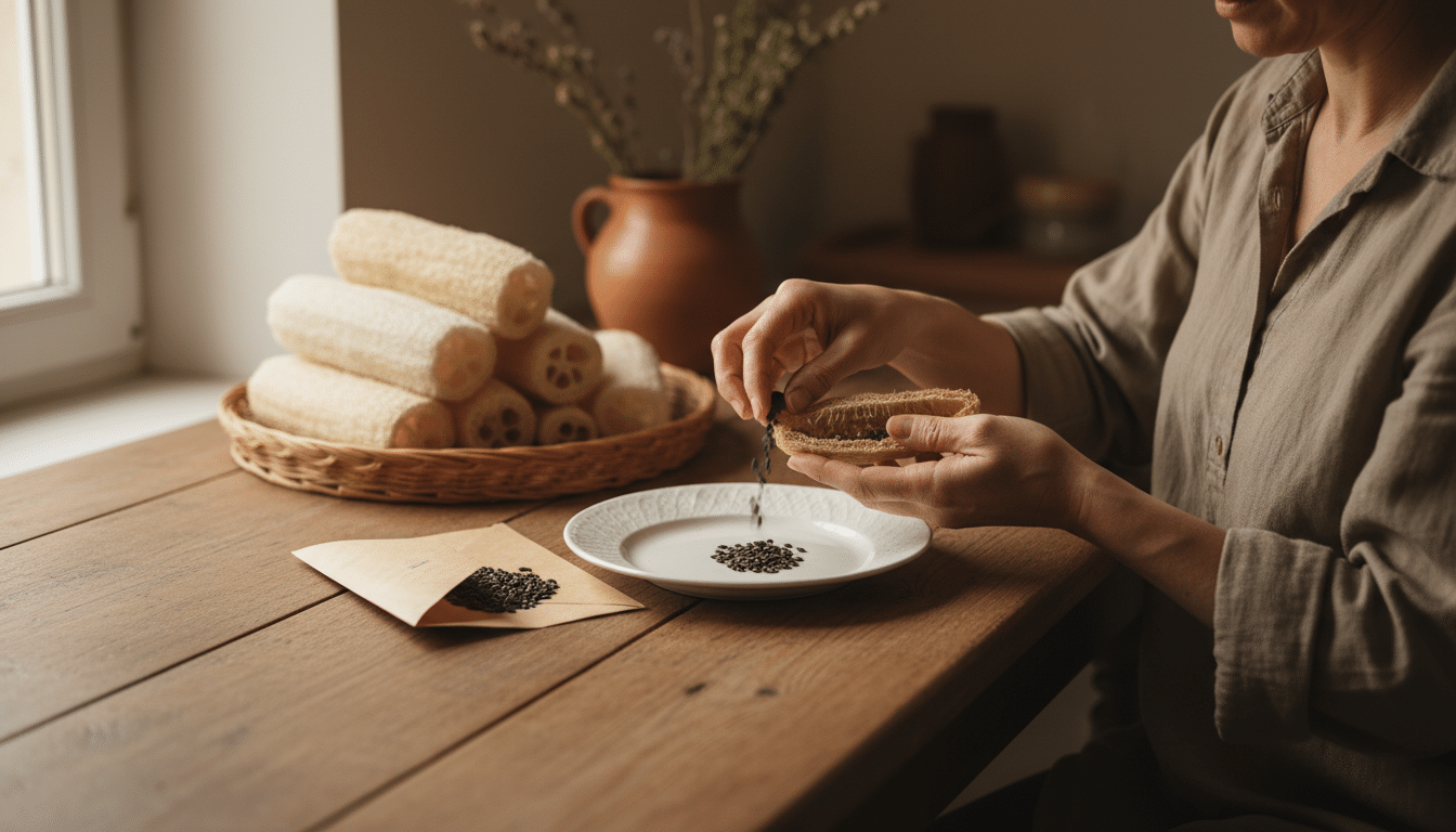 Récupération des graines de luffa pour la saison suivante