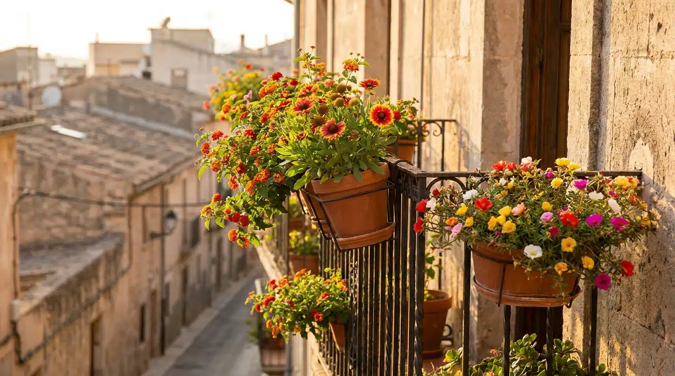 Jardinières fleuries de lantanas et pourpiers sur un balcon ensoleillé