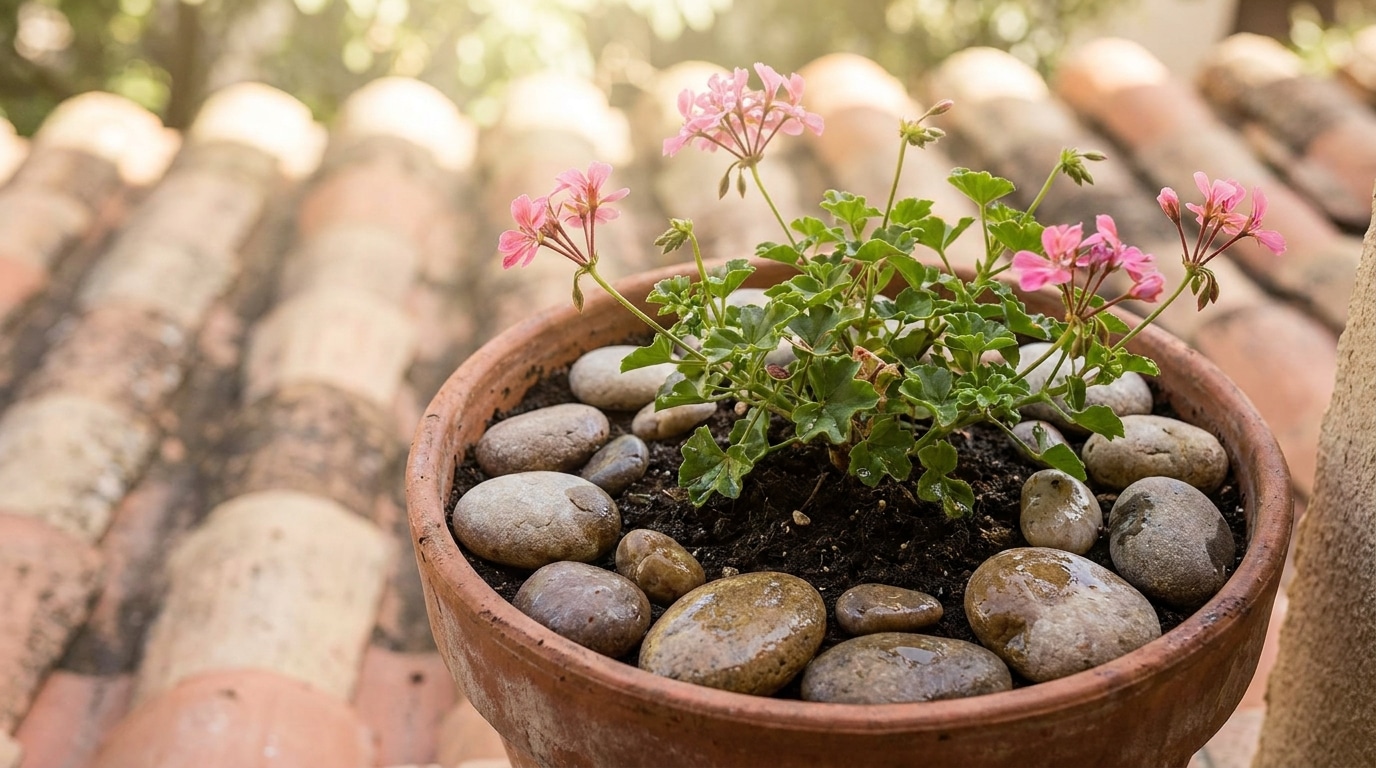 Paillage de galets décoratifs au pied d'une plante en pot