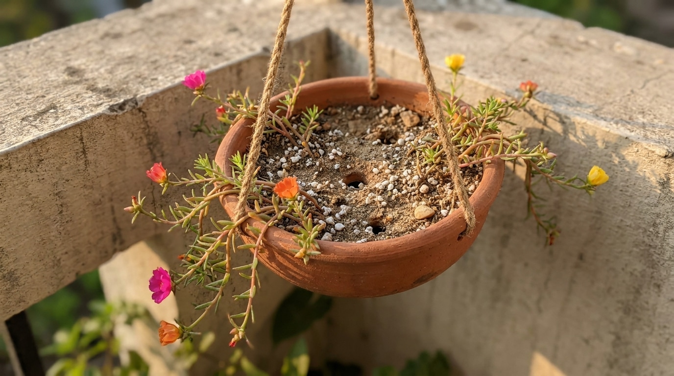 Suspension de pourpier en fleurs avec terreau sableux drainant