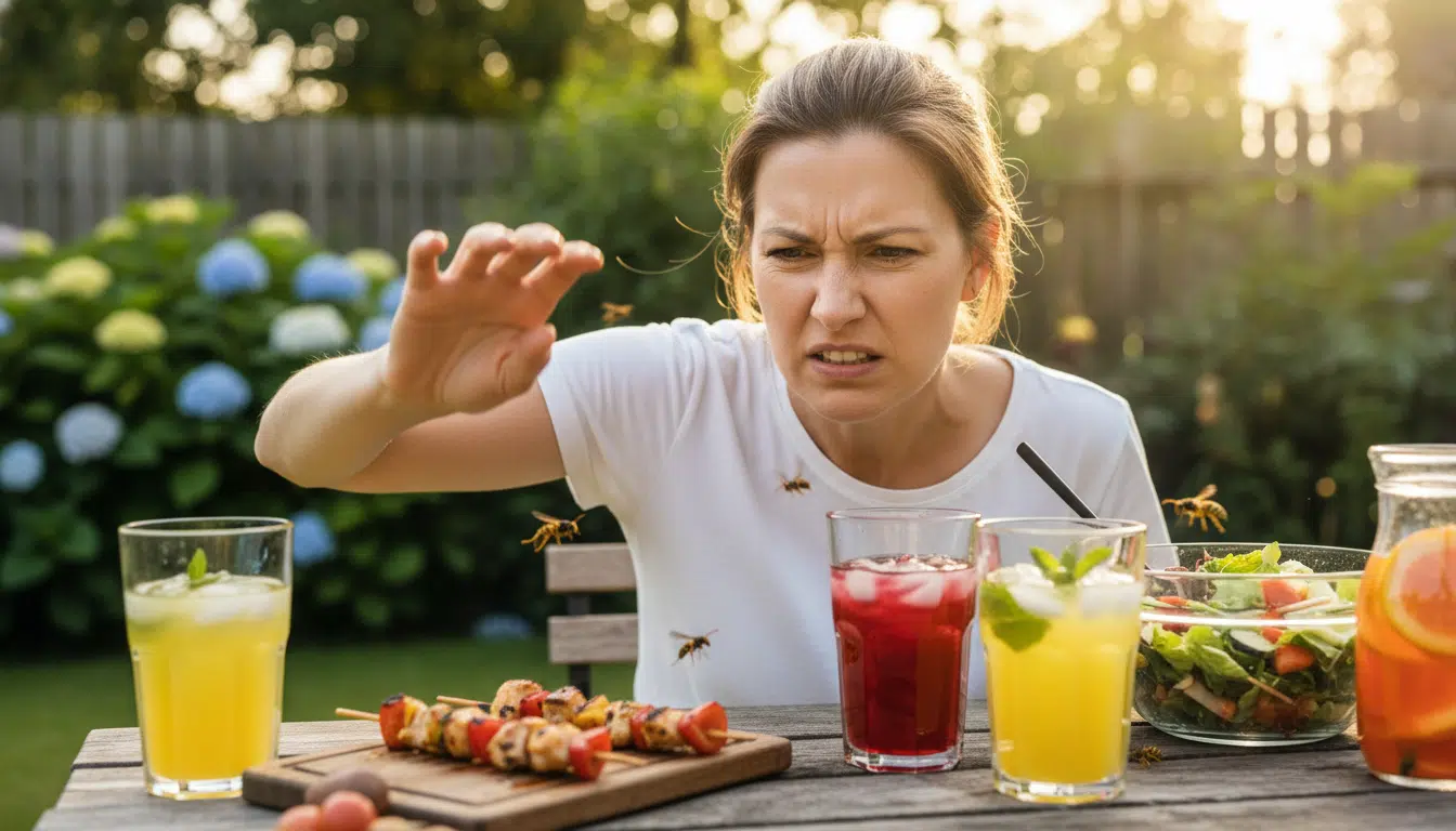 Femme agacée par des guêpes pendant un barbecue estival