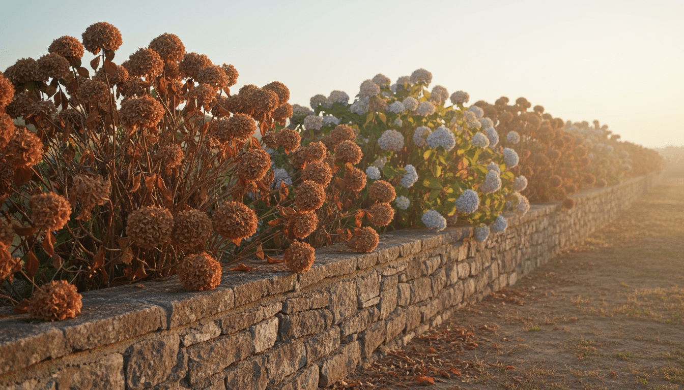 Hortensias grillés et fanés le long d'un mur de jardin