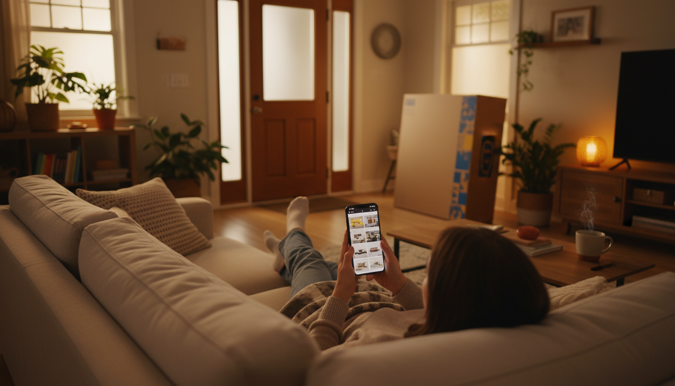 Client consultant des meubles Ikea sur son smartphone depuis chez lui