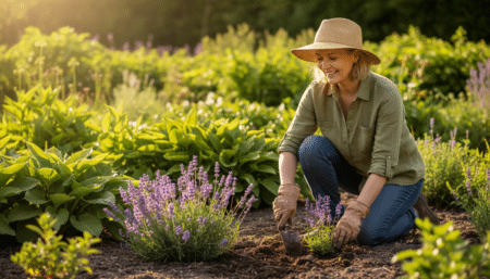 Femme plantant de la lavande et du népéta violets au jardin