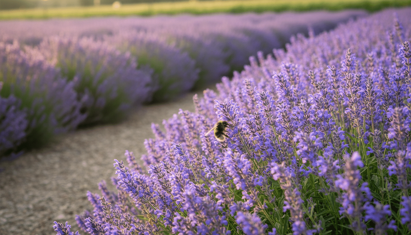 Bourdon butinant des fleurs de népéta violettes au soleil