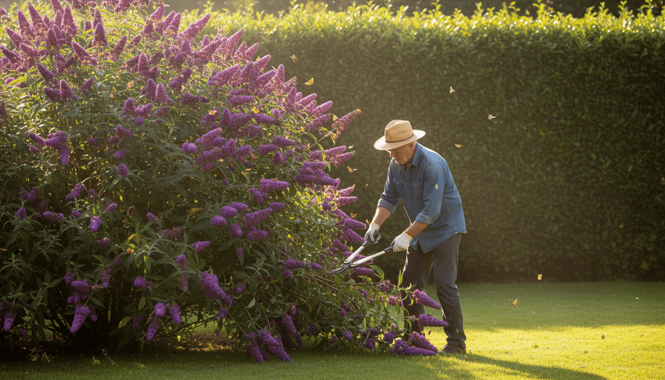 Homme taillant un arbre aux papillons en fleurs violettes