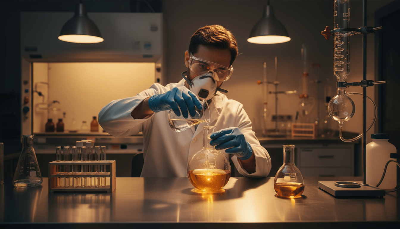 Scientifique en laboratoire manipulant une solution contenant de l'or