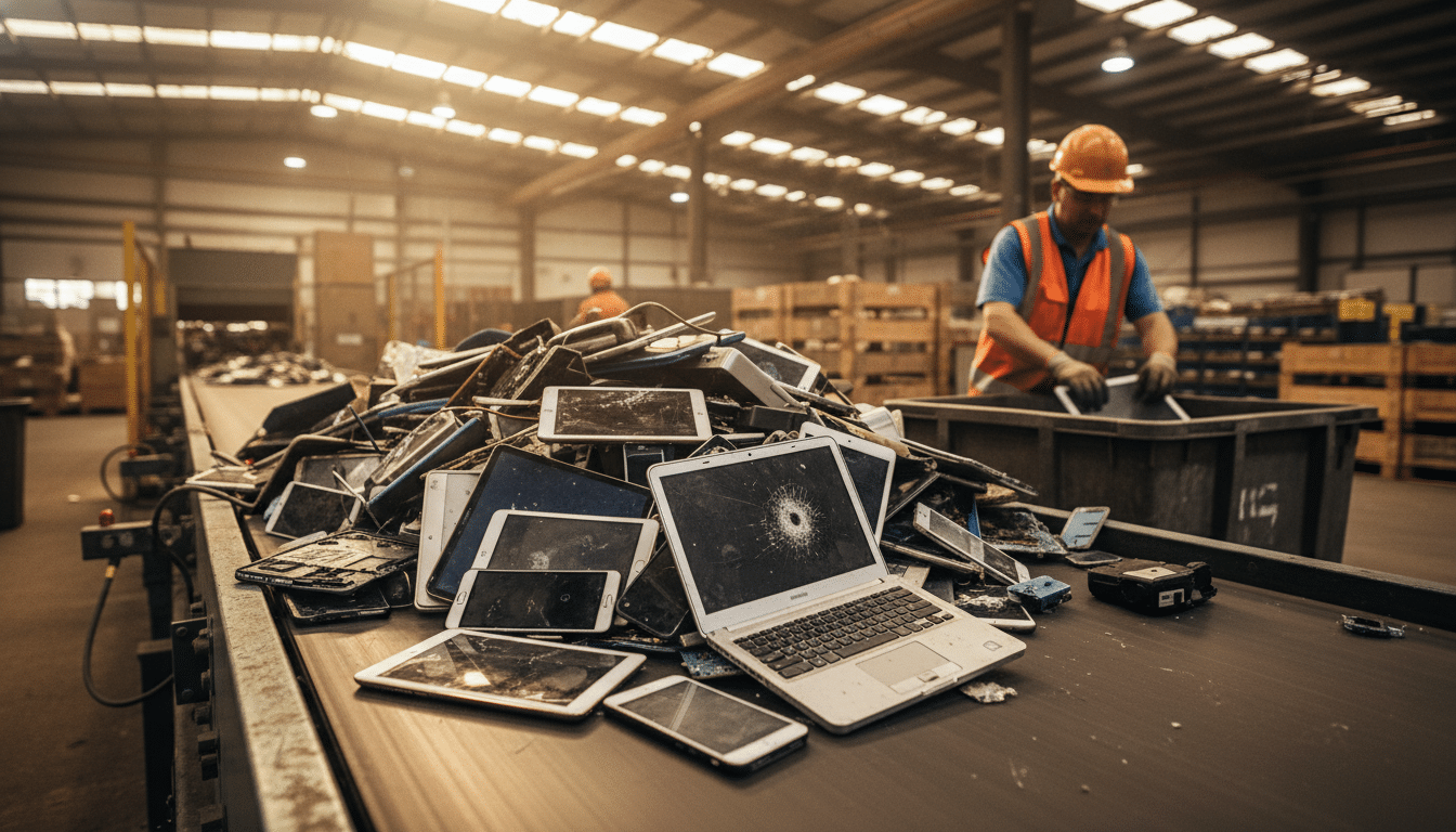 Déchets électroniques sur un tapis roulant de recyclage
