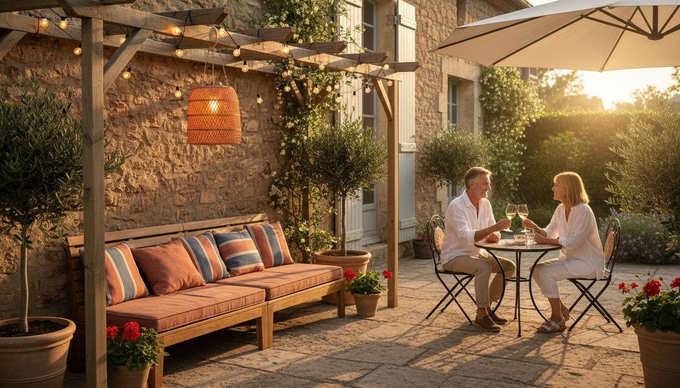 Terrasse d'été aménagée avec parasol déporté et lanternes solaires