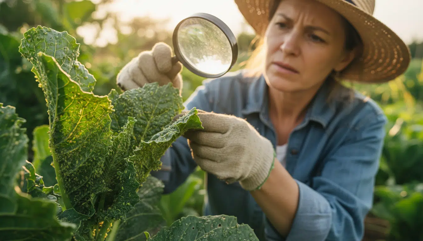 Pucerons verts sur une feuille de légume au potager