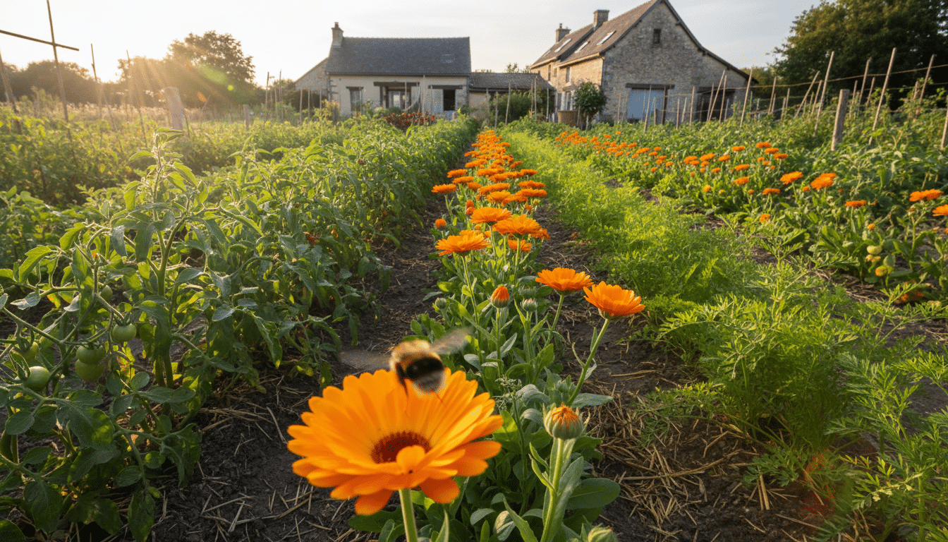 Calendula orange planté entre les rangs de tomates