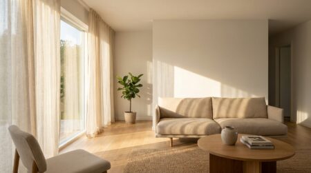 Salon lumineux avec panneaux de lin écru devant une fenêtre