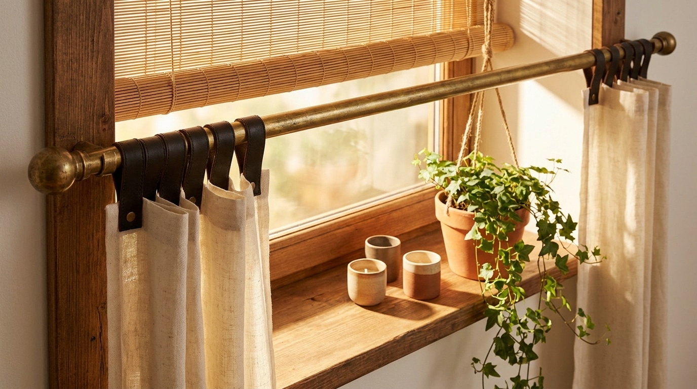 Rebord de fenêtre décoré avec tringle laiton et photophores