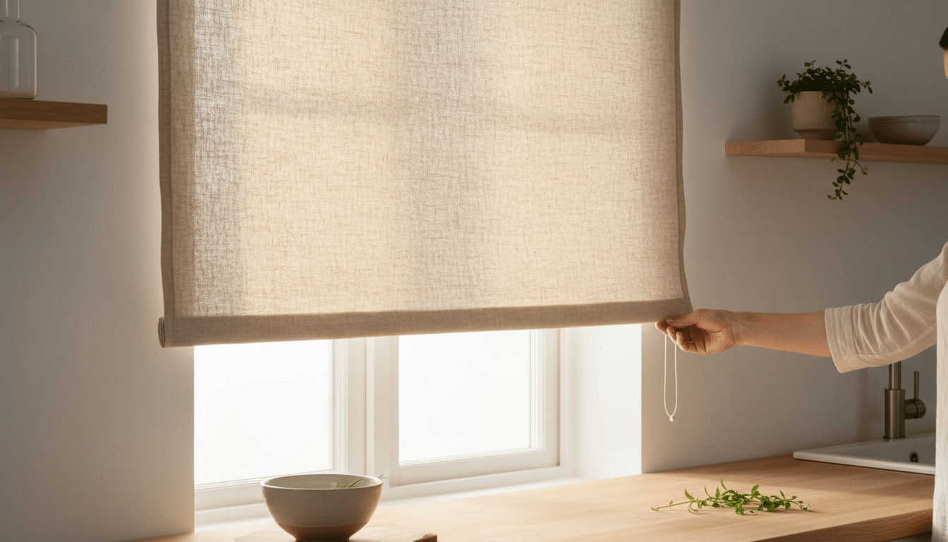 Store en lin lavé filtrant la lumière dans une cuisine moderne