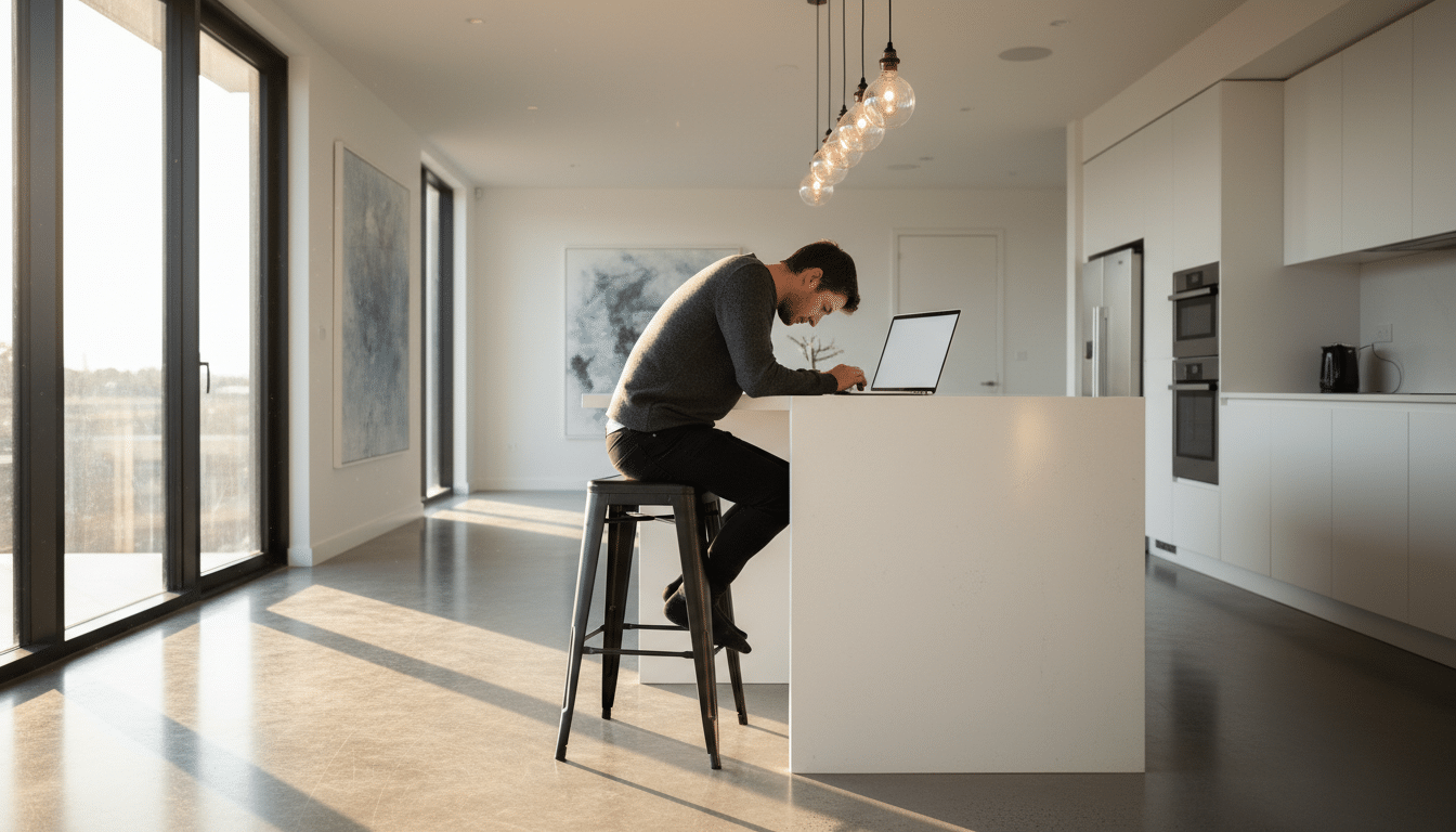 Personne inconfortablement assise sur un tabouret de bar en cuisine