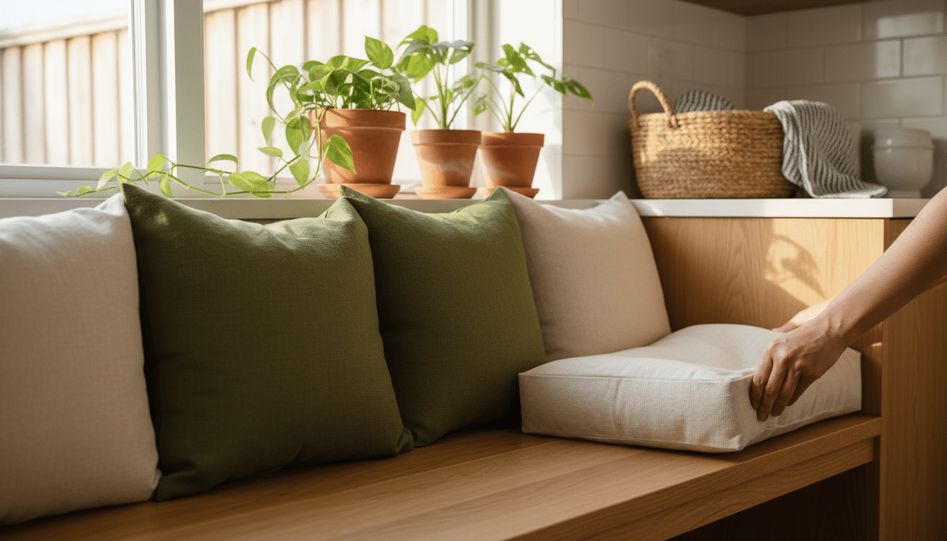 Housses en lin amovibles sur une banquette de cuisine en bois