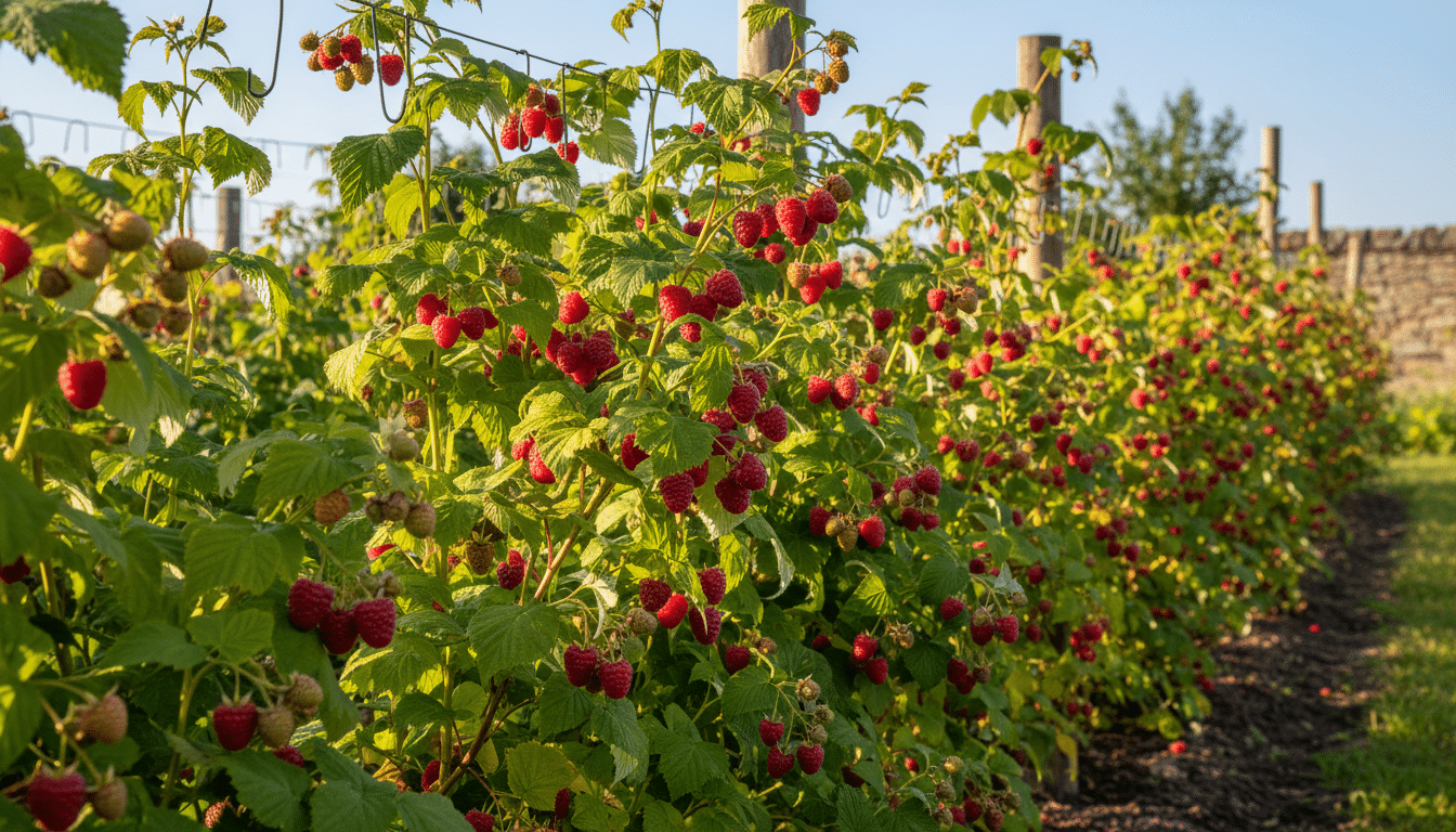 Framboises mûres sur tiges maintenues par des cintres