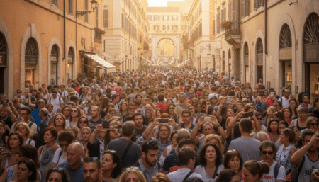 Rue bondée de touristes dans le centre de Rome