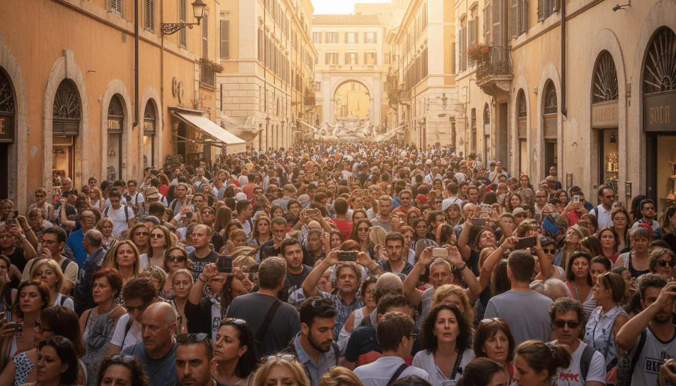 Rue bondée de touristes dans le centre de Rome