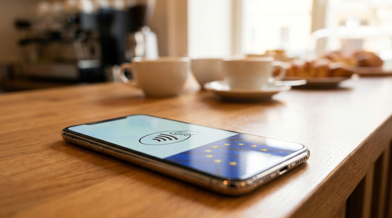 Smartphone affichant un paiement sans contact sur un comptoir de café