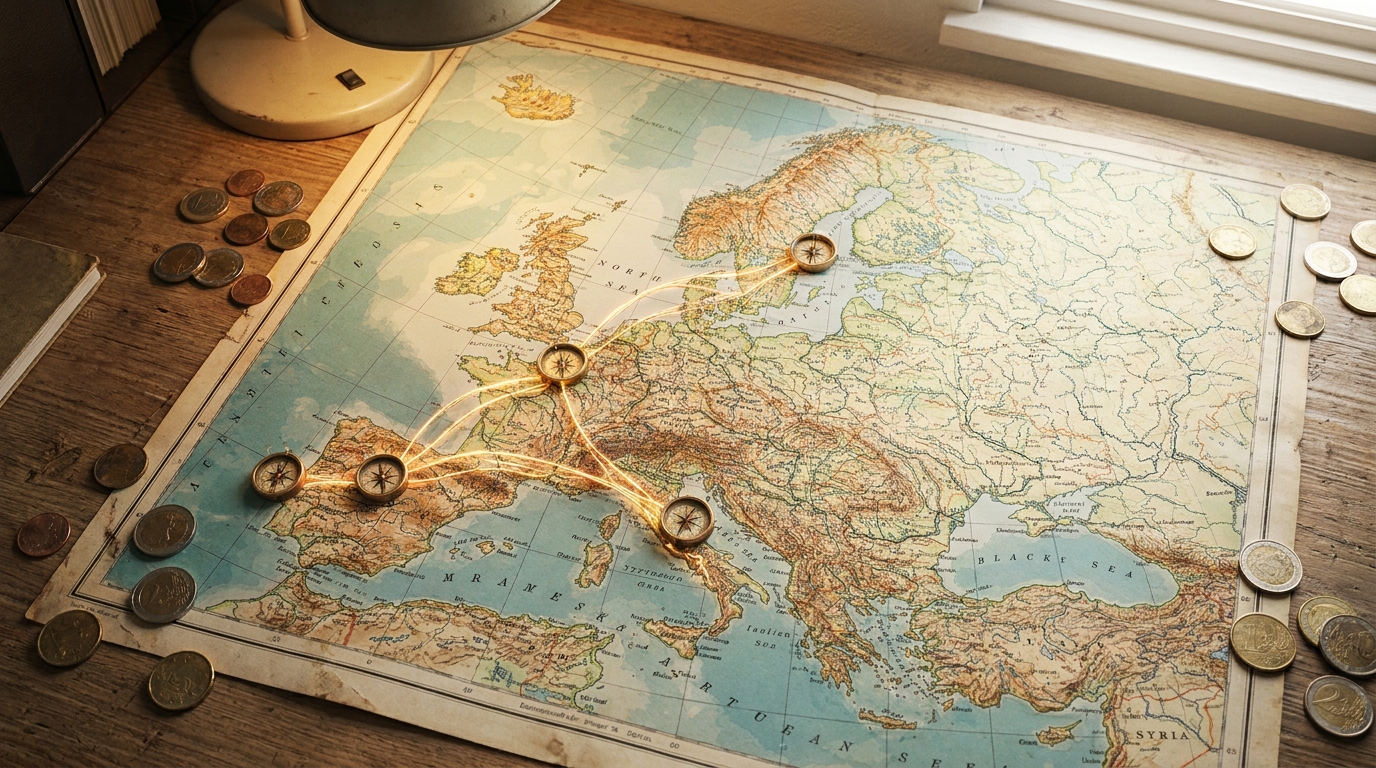 Carte de l'Europe avec lignes de connexion entre capitales et pièces en euros