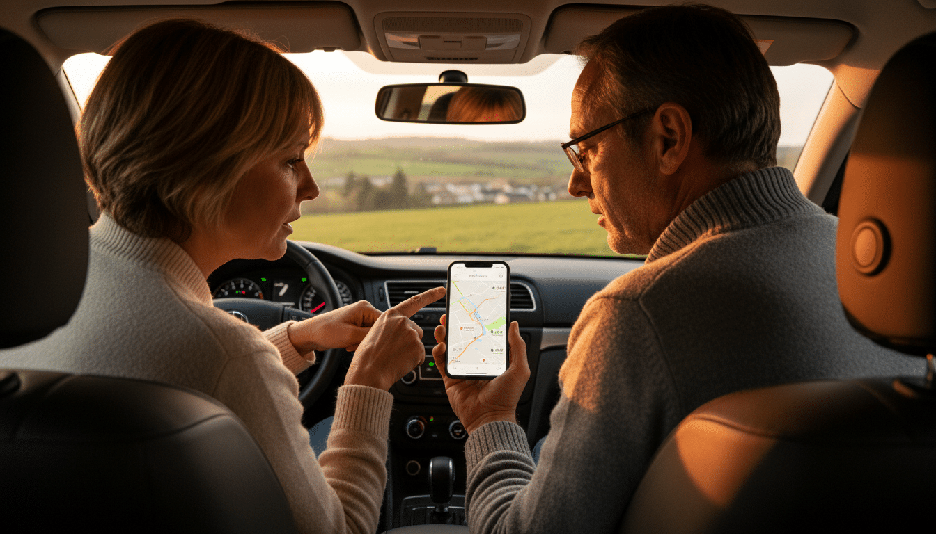 Couple comparant des itinéraires GPS avec estimation de coût