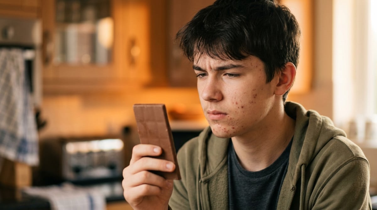 Adolescent hésitant devant une tablette de chocolat