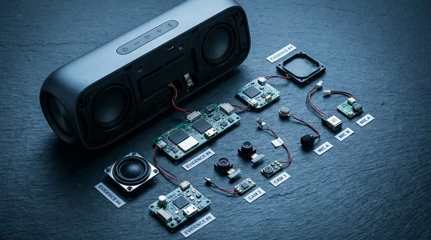 Enceinte Bluetooth démontée révélant des micros et caméras cachés