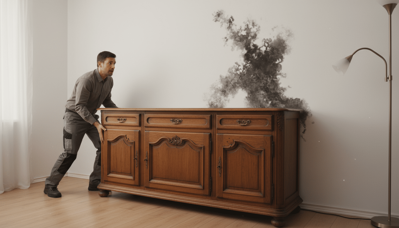 Moisissures noires découvertes derrière un buffet déplacé du mur