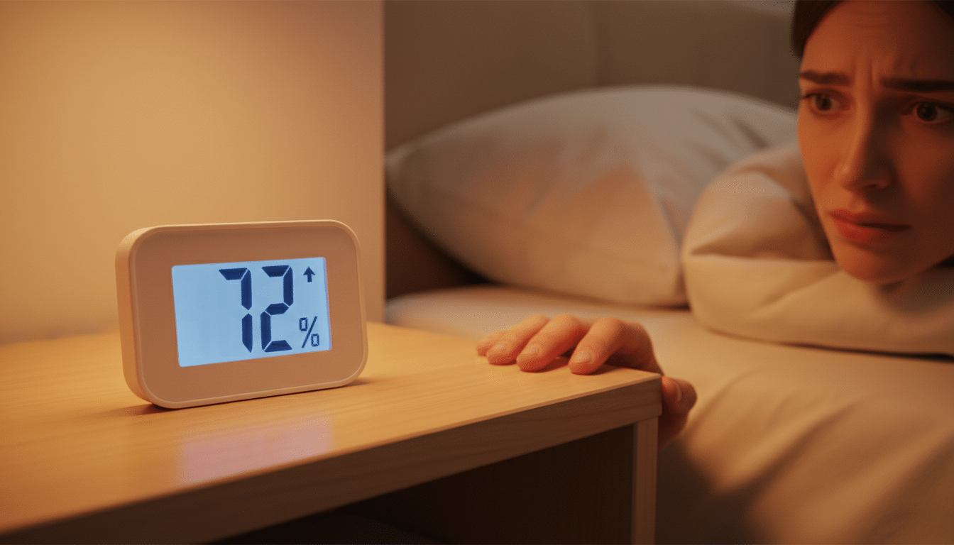 Hygromètre affichant un taux d'humidité élevé dans une chambre