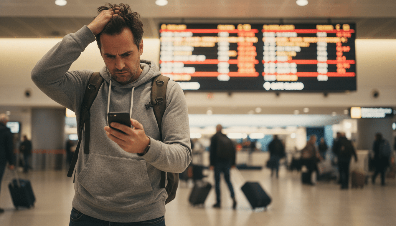 Voyageur consultant les annulations de vols à l'aéroport