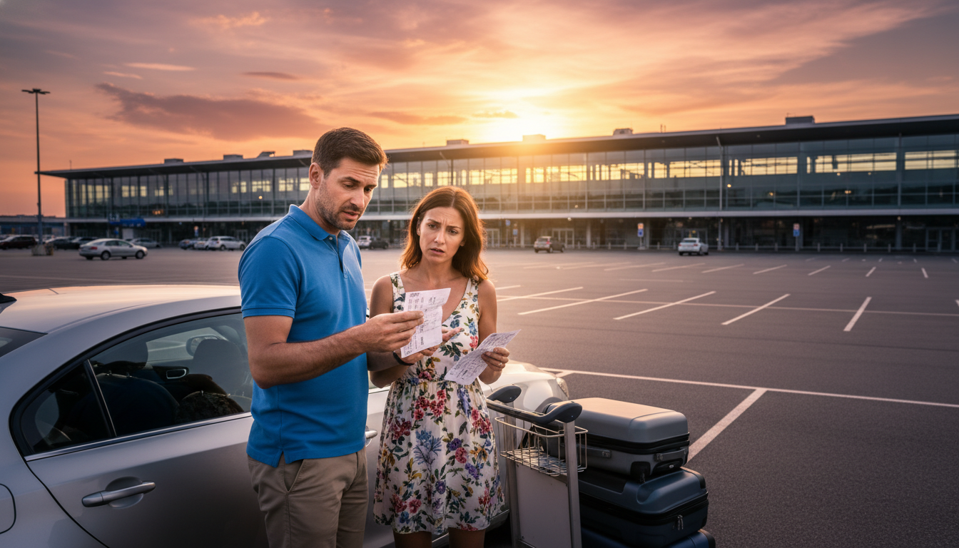 Couple au parking d'un aéroport vérifiant leurs billets