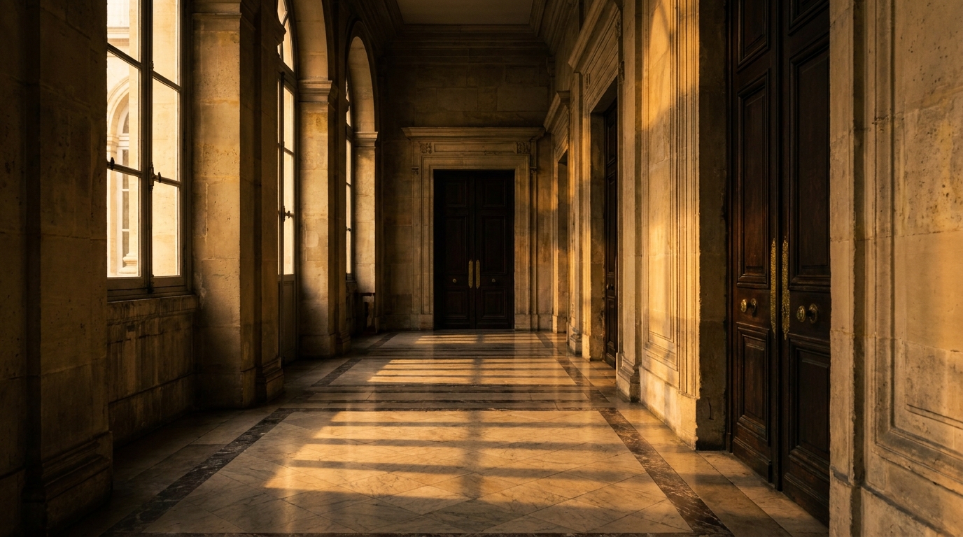 Couloir d'un palais de justice parisien baigné de lumière matinale