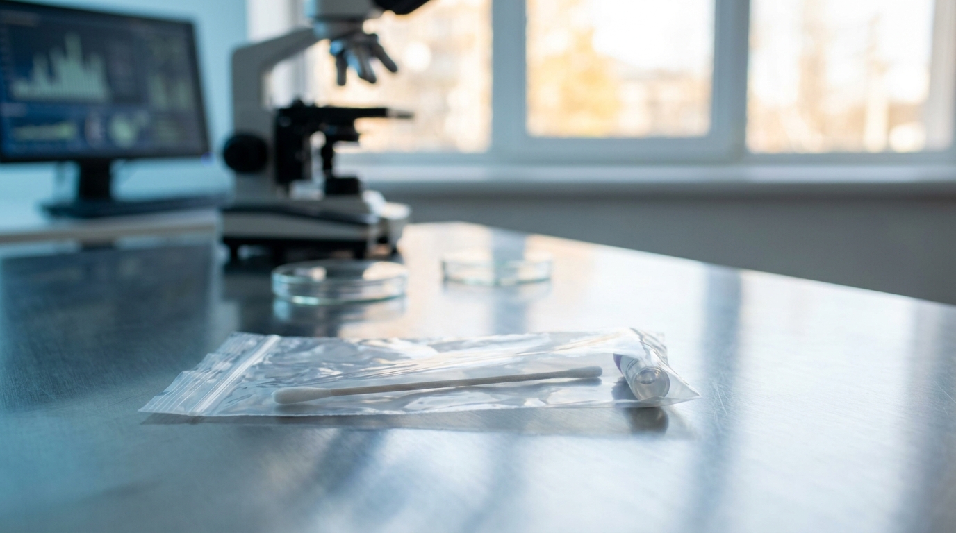 Sachet de preuve médico-légale posé sur une table de laboratoire