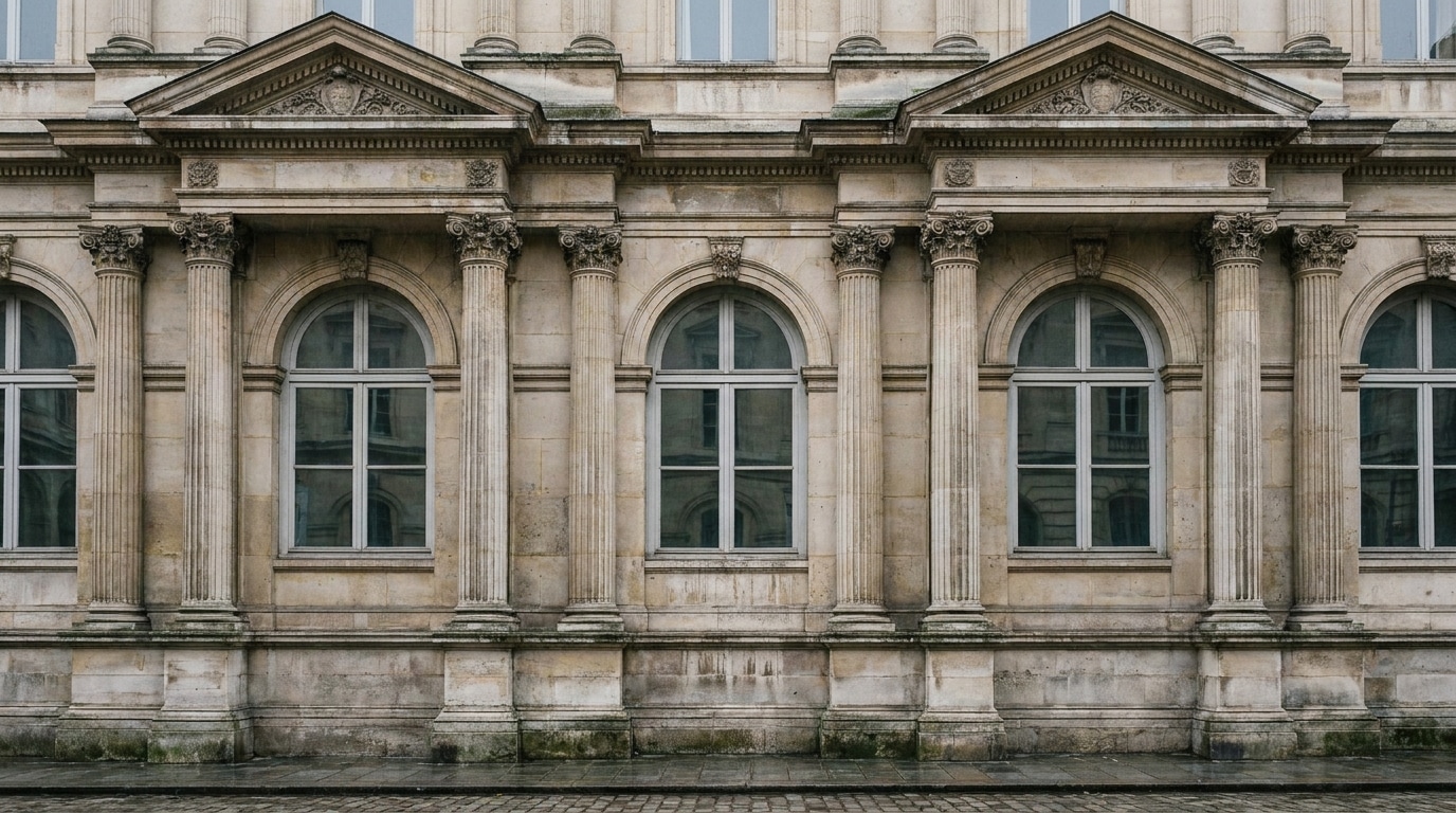 Façade d'un palais de justice français avec colonnes en pierre