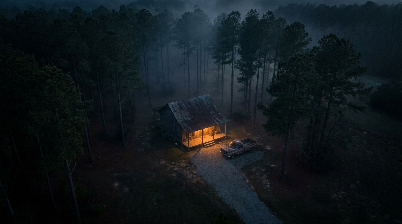Maison isolée dans la campagne texane de nuit