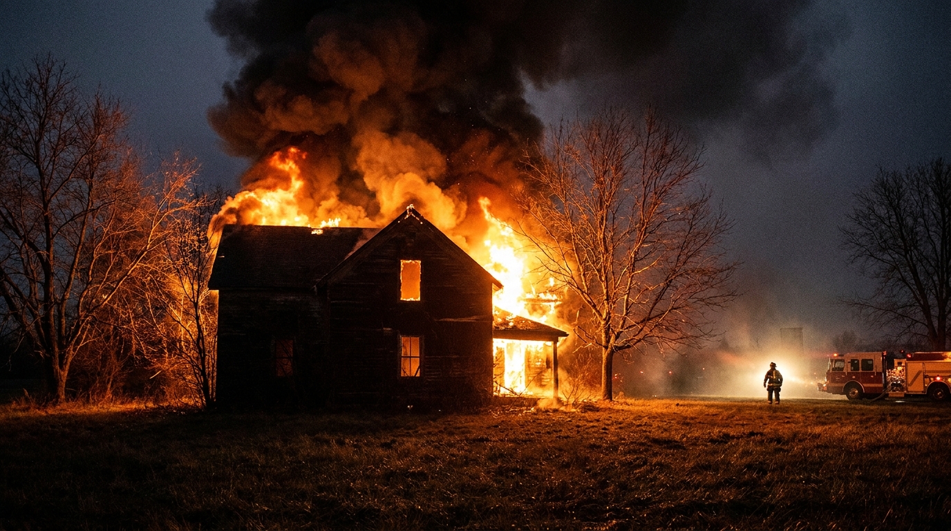 Maison en flammes dans la nuit au Texas