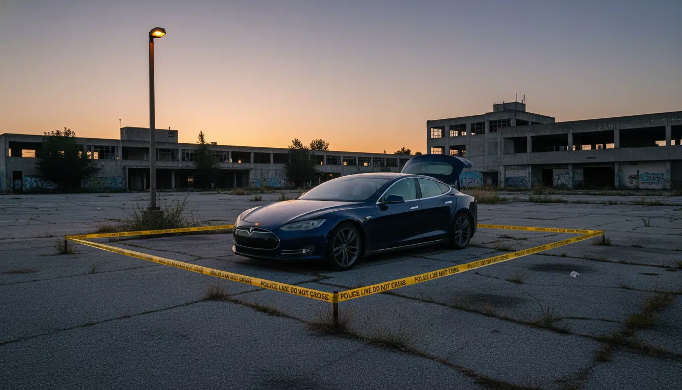 Tesla abandonnée entourée de ruban de police