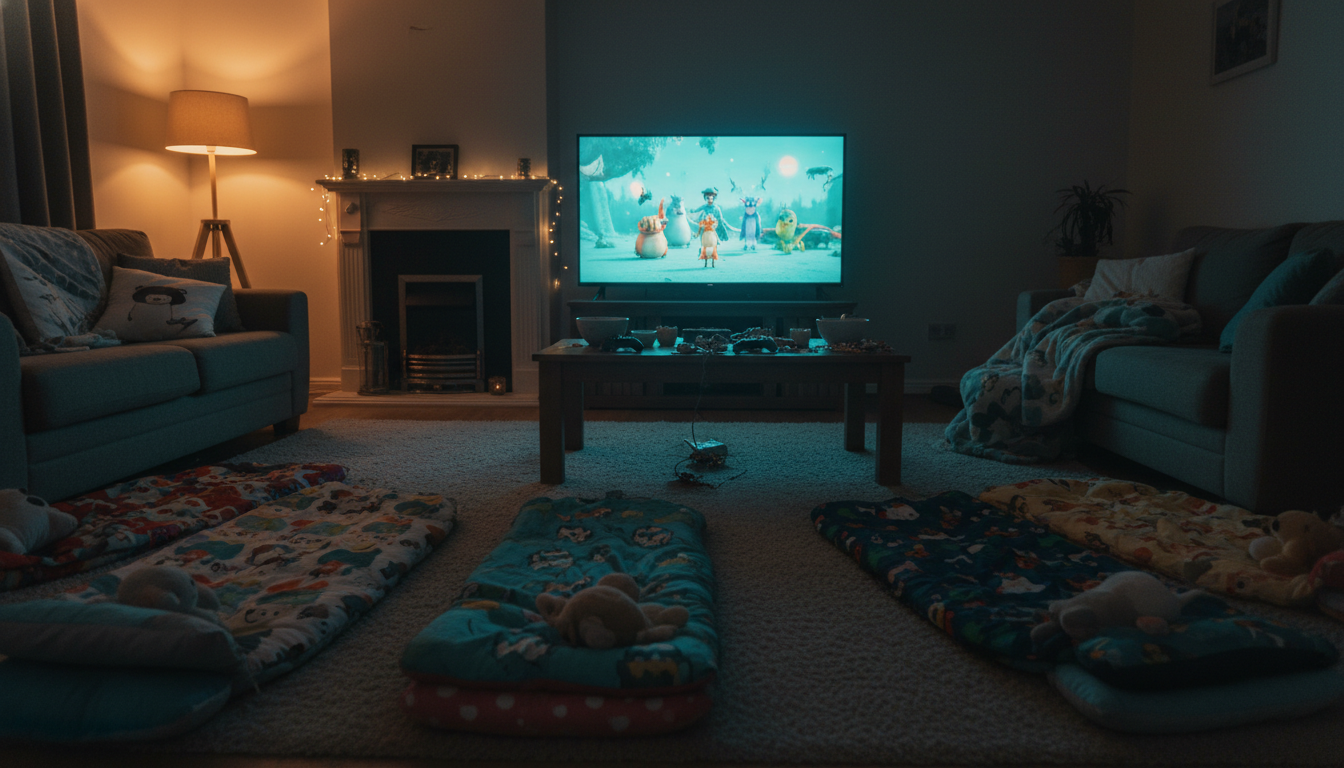 Salon aménagé pour une soirée pyjama avec jeux vidéo