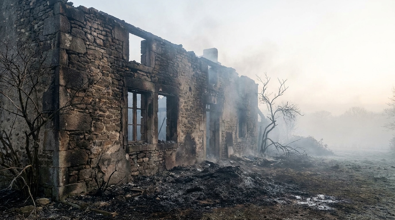Façade calcinée d'une maison rurale en pierre après un incendie
